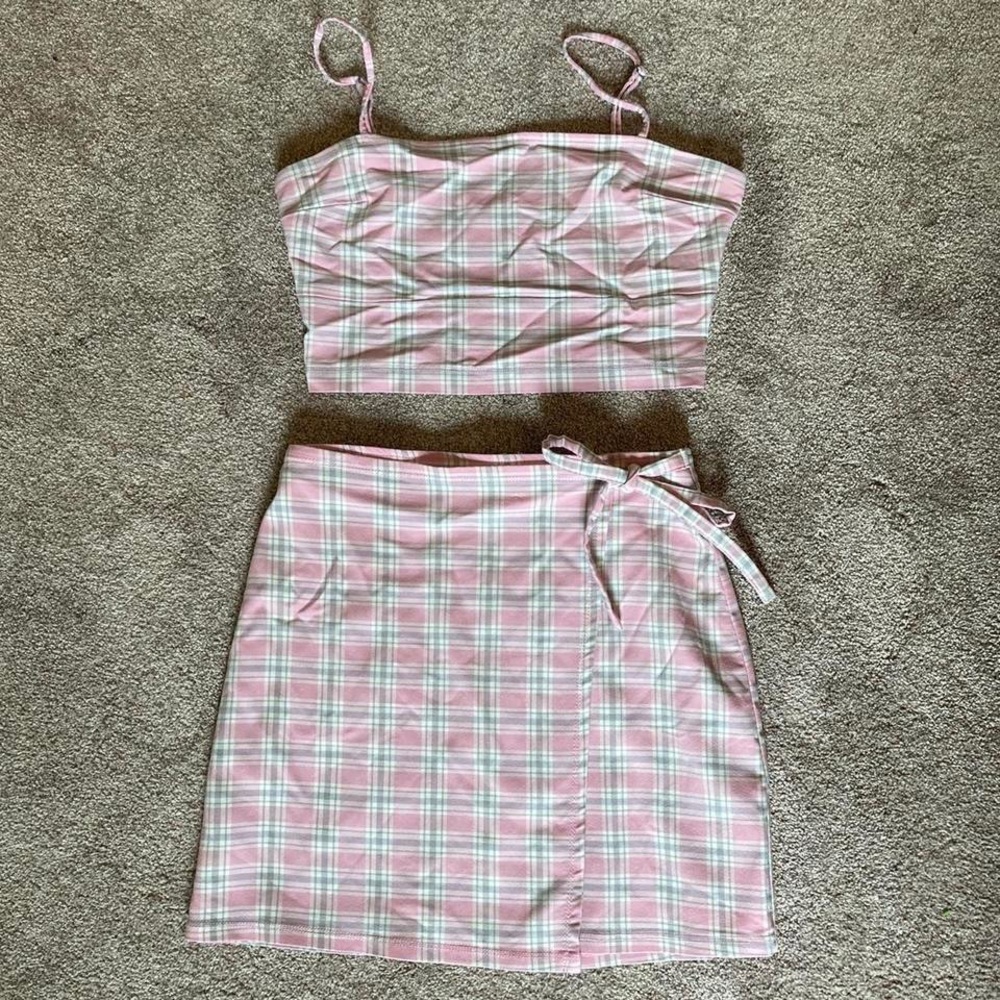 pink plaid crop top and wrap skirt set